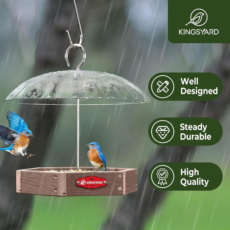 Kingsyard Large Platform Bird Feeder Outdoor Hanging, Adjustable Dome Squirrel Proof Rain Cover, Metal Mesh Tray Recycled Plastic Wild Bird Seed Feeding Station, Brown - Image 2
